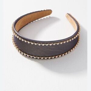 Anthropologie - Pearl Crystal and Gold Trim Satin Headband, Navy, One Size, NWOT